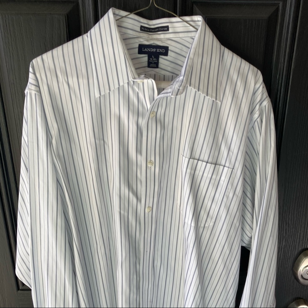 Lands’ End No Iron Oxford White w/ blue stripes men’s dress shirt Large 16-16.5